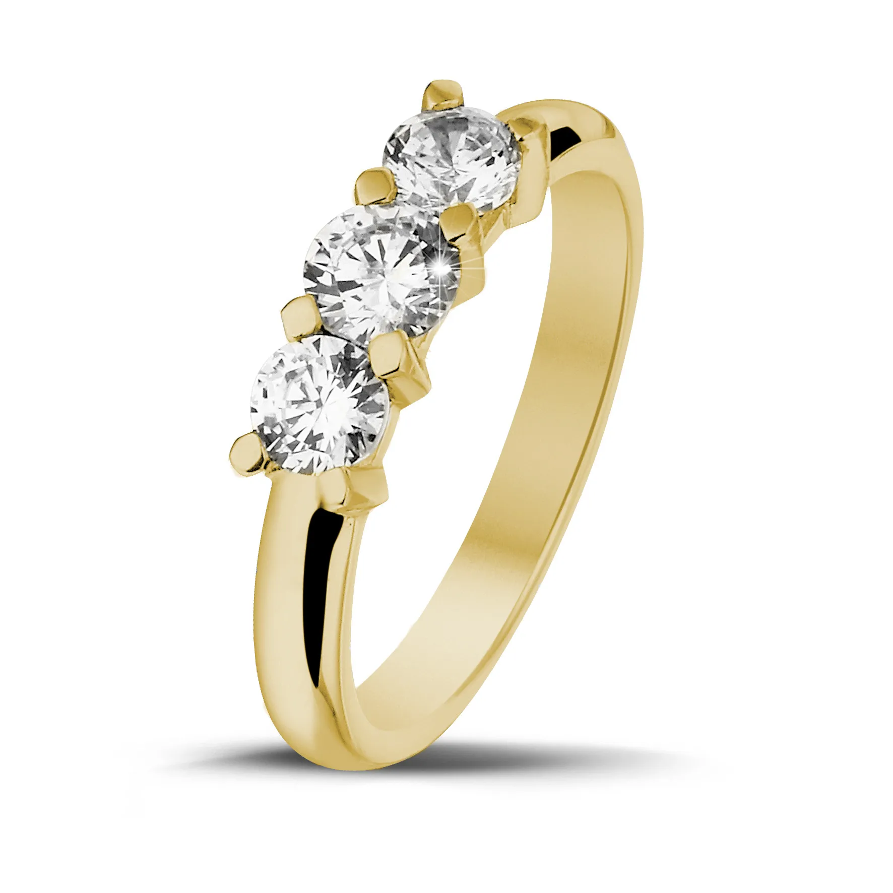 0.75 quilates anillo trilogía en oro amarillo con diamantes redondos 
