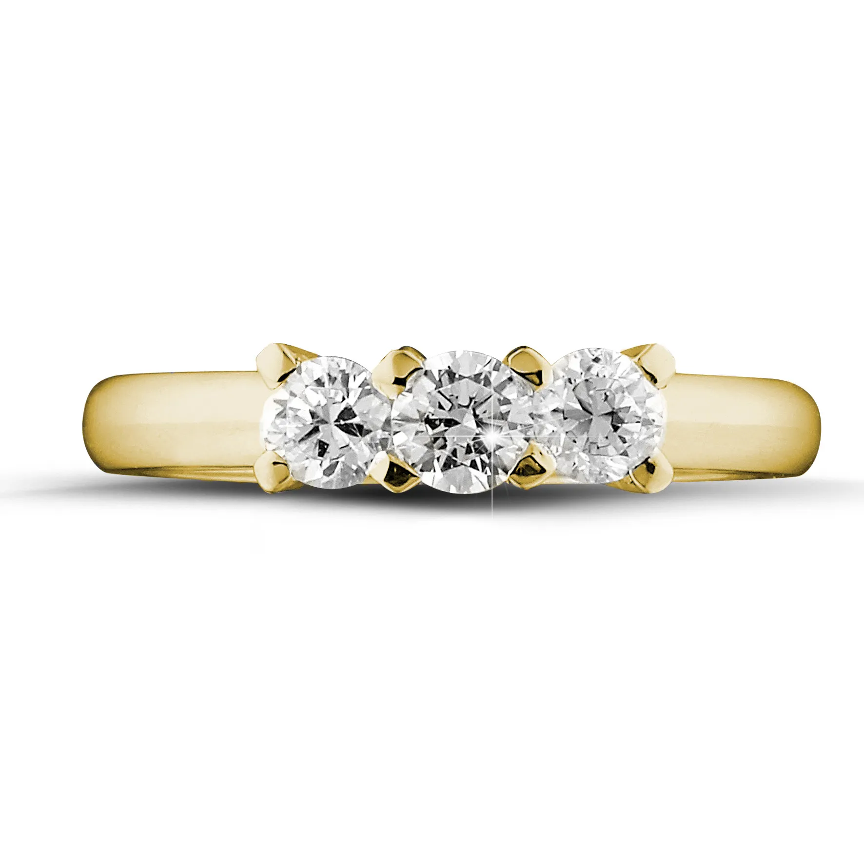 0.75 quilates anillo trilogía en oro amarillo con diamantes redondos 