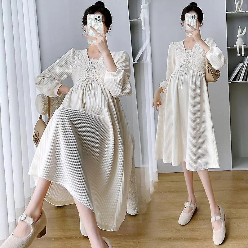 6862# 2022 Primavera Otoño Moda Coreana Maternidad Vestido Largo Chic Ins Una Línea Ropa Delgada Para Mujeres Embarazadas OL Fal