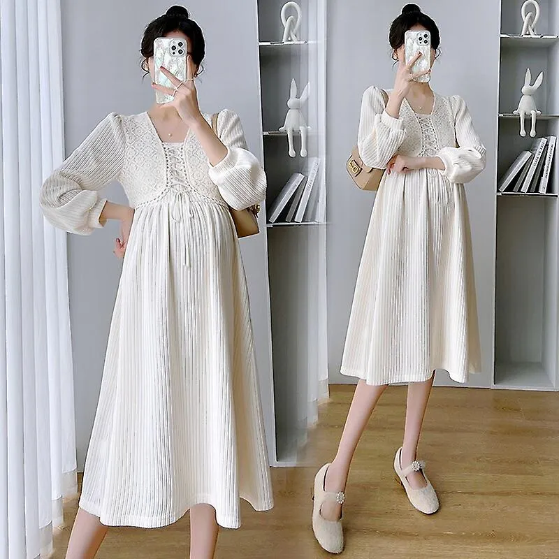 6862# 2022 Primavera Otoño Moda Coreana Maternidad Vestido Largo Chic Ins Una Línea Ropa Delgada Para Mujeres Embarazadas OL Fal