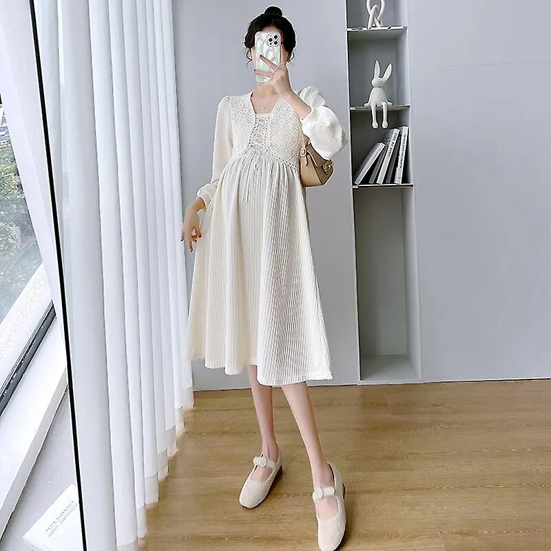 6862# 2022 Primavera Otoño Moda Coreana Maternidad Vestido Largo Chic Ins Una Línea Ropa Delgada Para Mujeres Embarazadas OL Fal