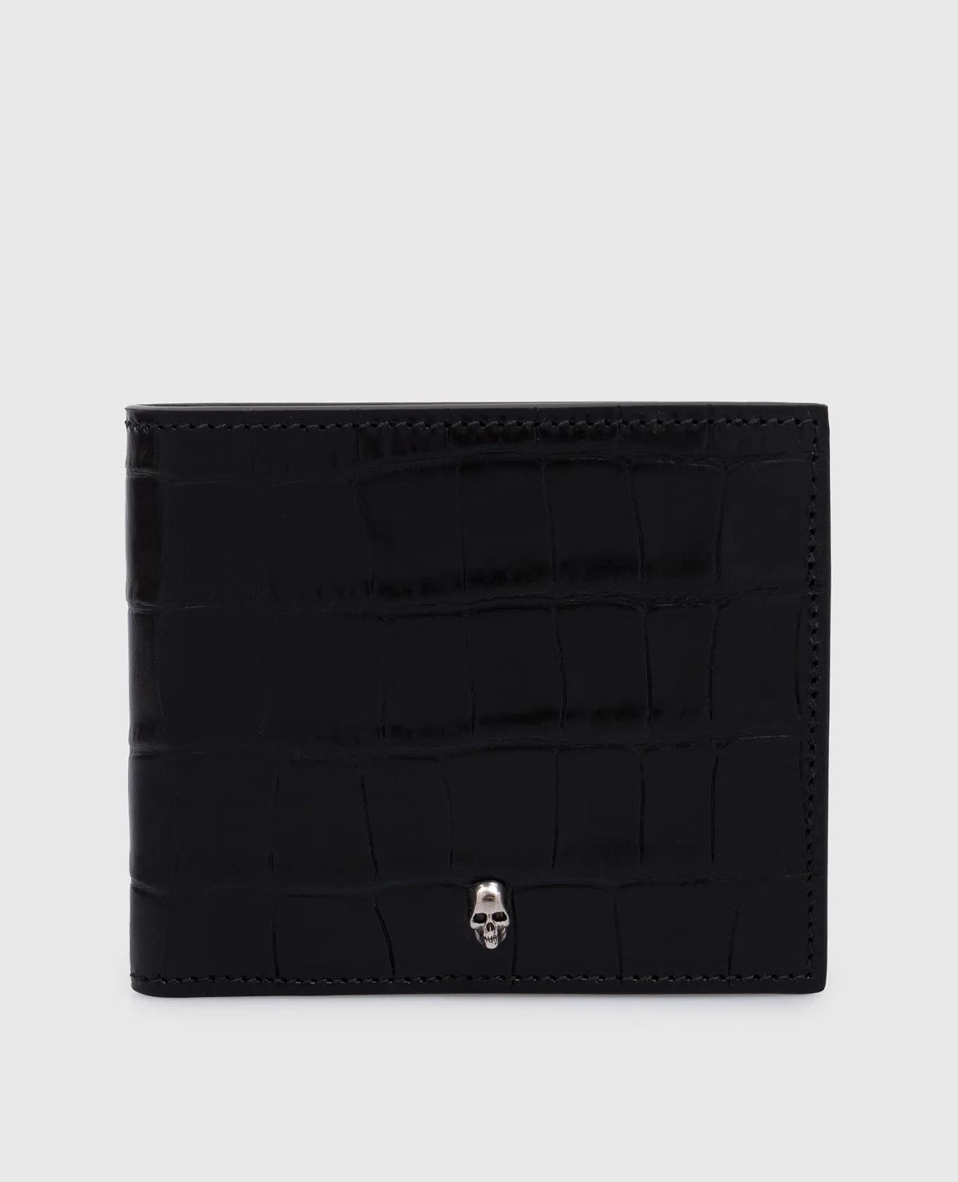 ALEXANDER MCQUEEN BLACK CROCODILEEMBOSSED LEATHER PURSE WITH SKULL DECORATION