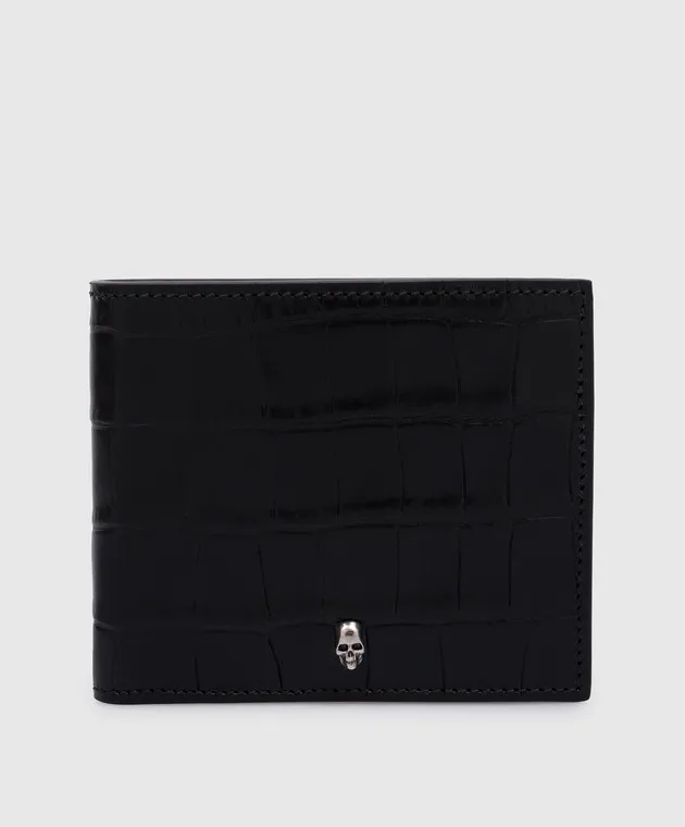 ALEXANDER MCQUEEN BLACK CROCODILEEMBOSSED LEATHER PURSE WITH SKULL DECORATION