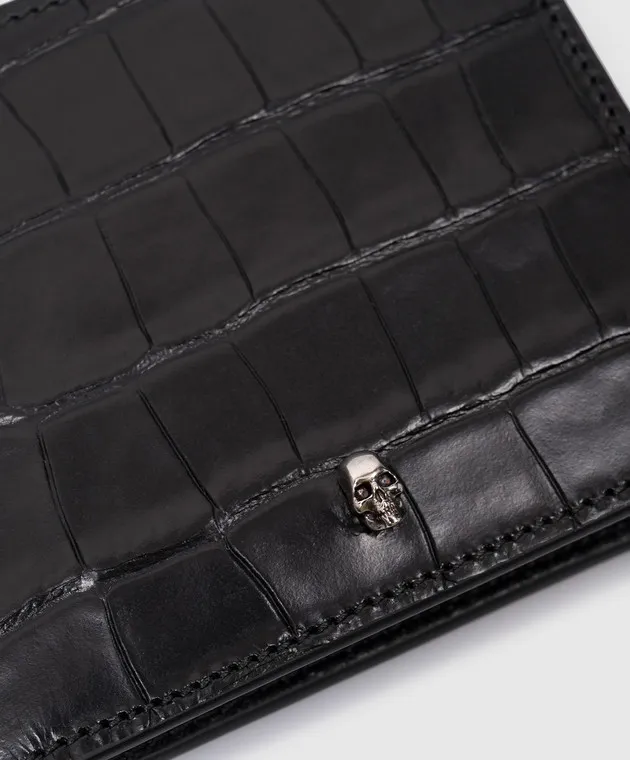 ALEXANDER MCQUEEN BLACK CROCODILEEMBOSSED LEATHER PURSE WITH SKULL DECORATION