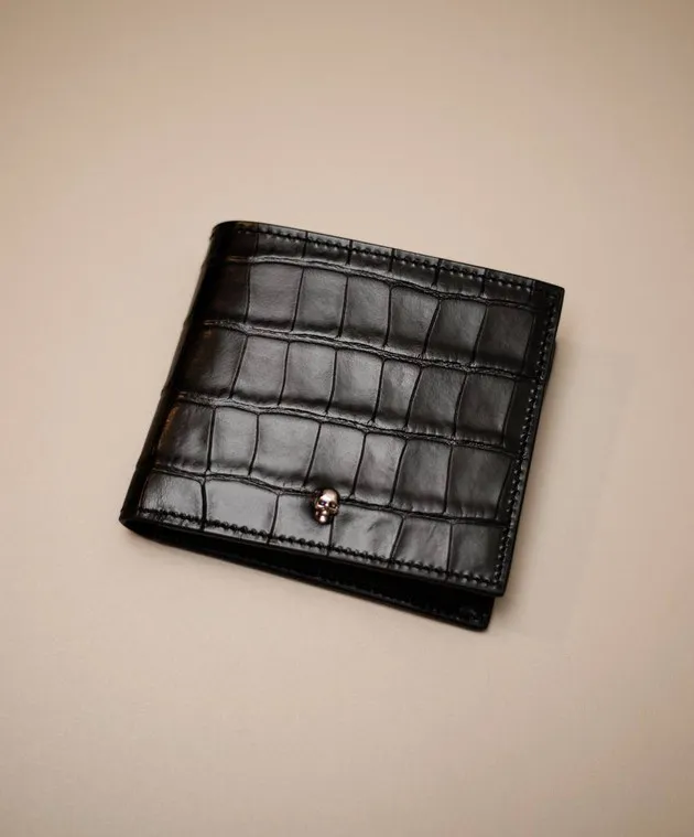ALEXANDER MCQUEEN BLACK CROCODILEEMBOSSED LEATHER PURSE WITH SKULL DECORATION