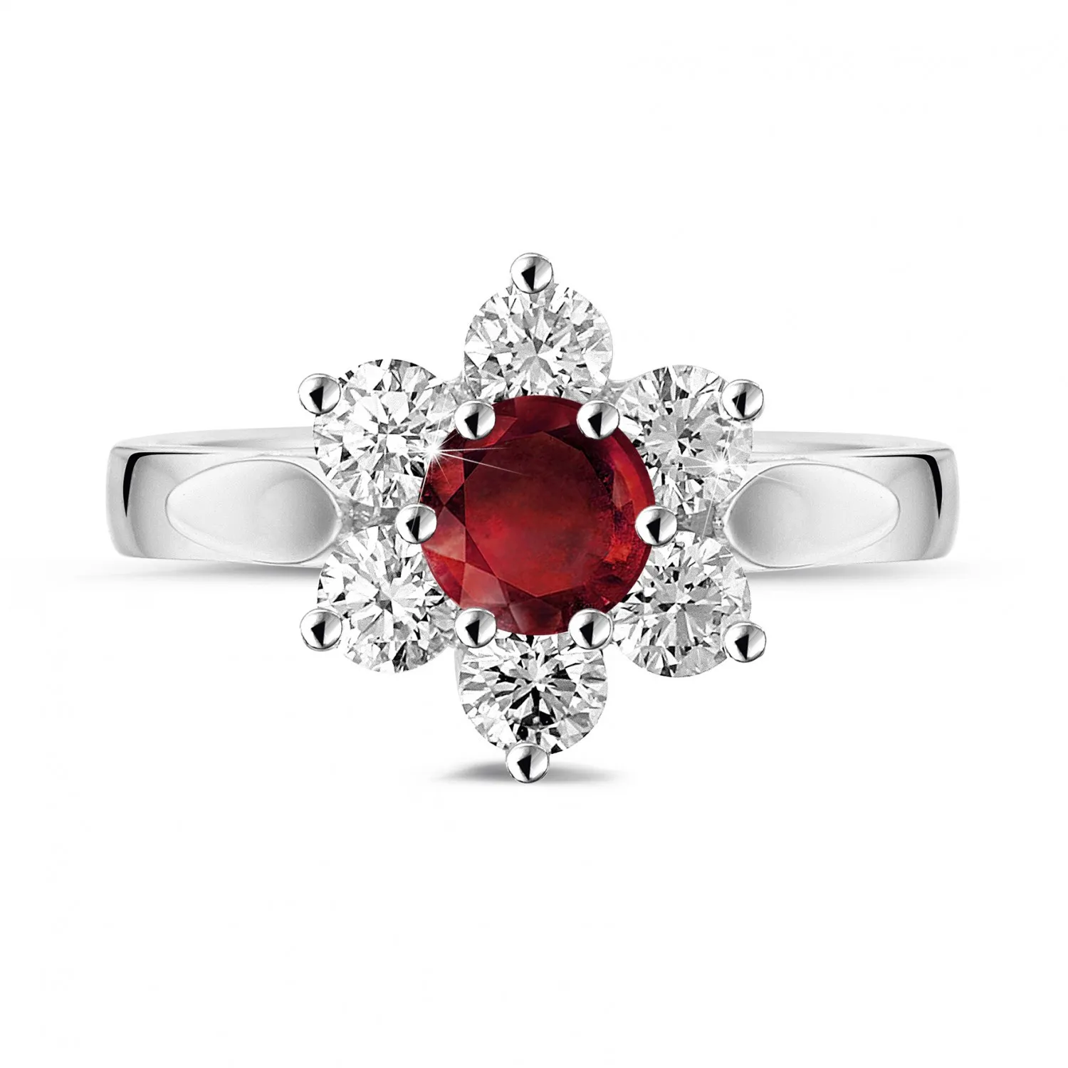 Anillo flor en oro blanco con rubí redondo y diamantes en los lados 