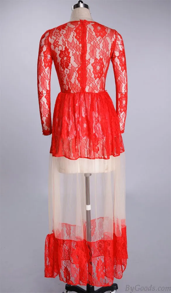Attractive Perspective Sleeved Red Long Lace Dress