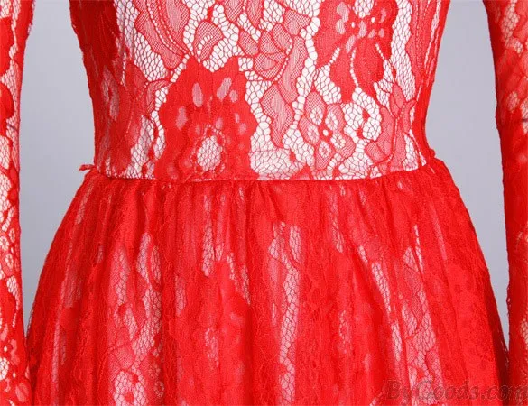 Attractive Perspective Sleeved Red Long Lace Dress