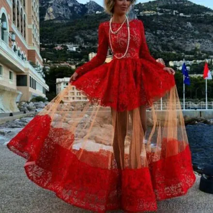 Attractive Perspective Sleeved Red Long Lace Dress