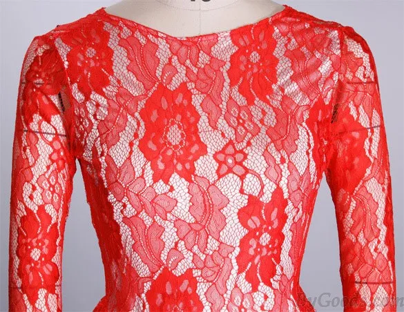 Attractive Perspective Sleeved Red Long Lace Dress