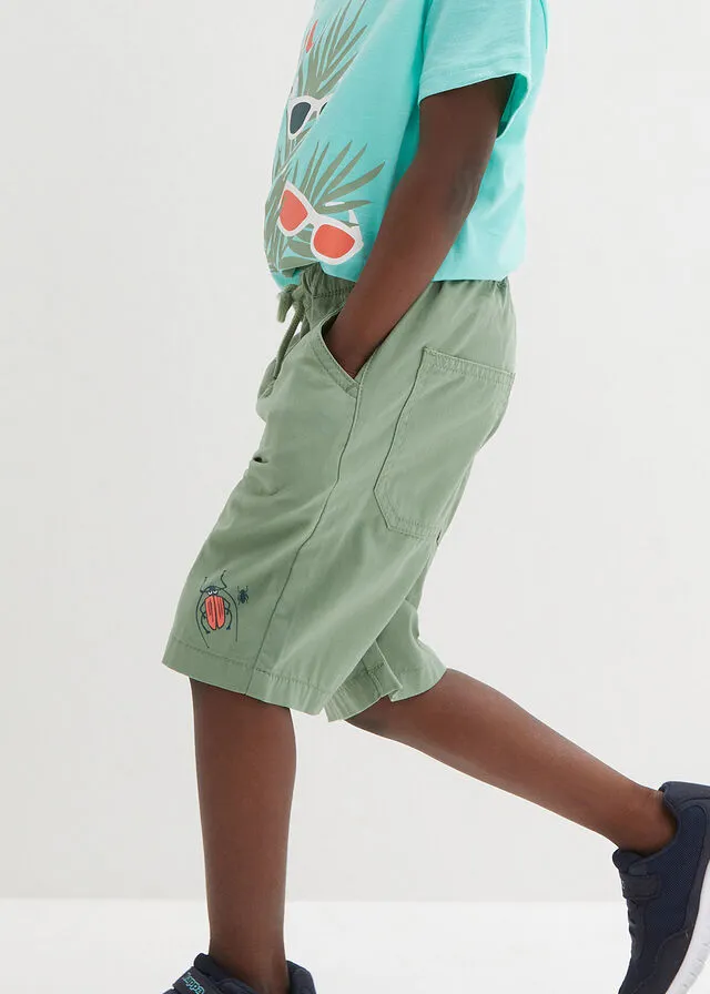 Bermuda de lona para niño con cintura elástica, de corte regular Verde pino estampado