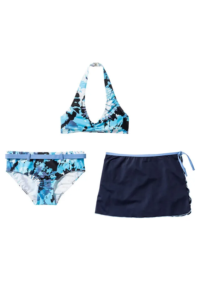 BIKINI + FALDA DE POLIAMIDA RECICLADA  PARA NIñAS (3 UNIDADES) AZULBLANCO CON DISEñO BATIK