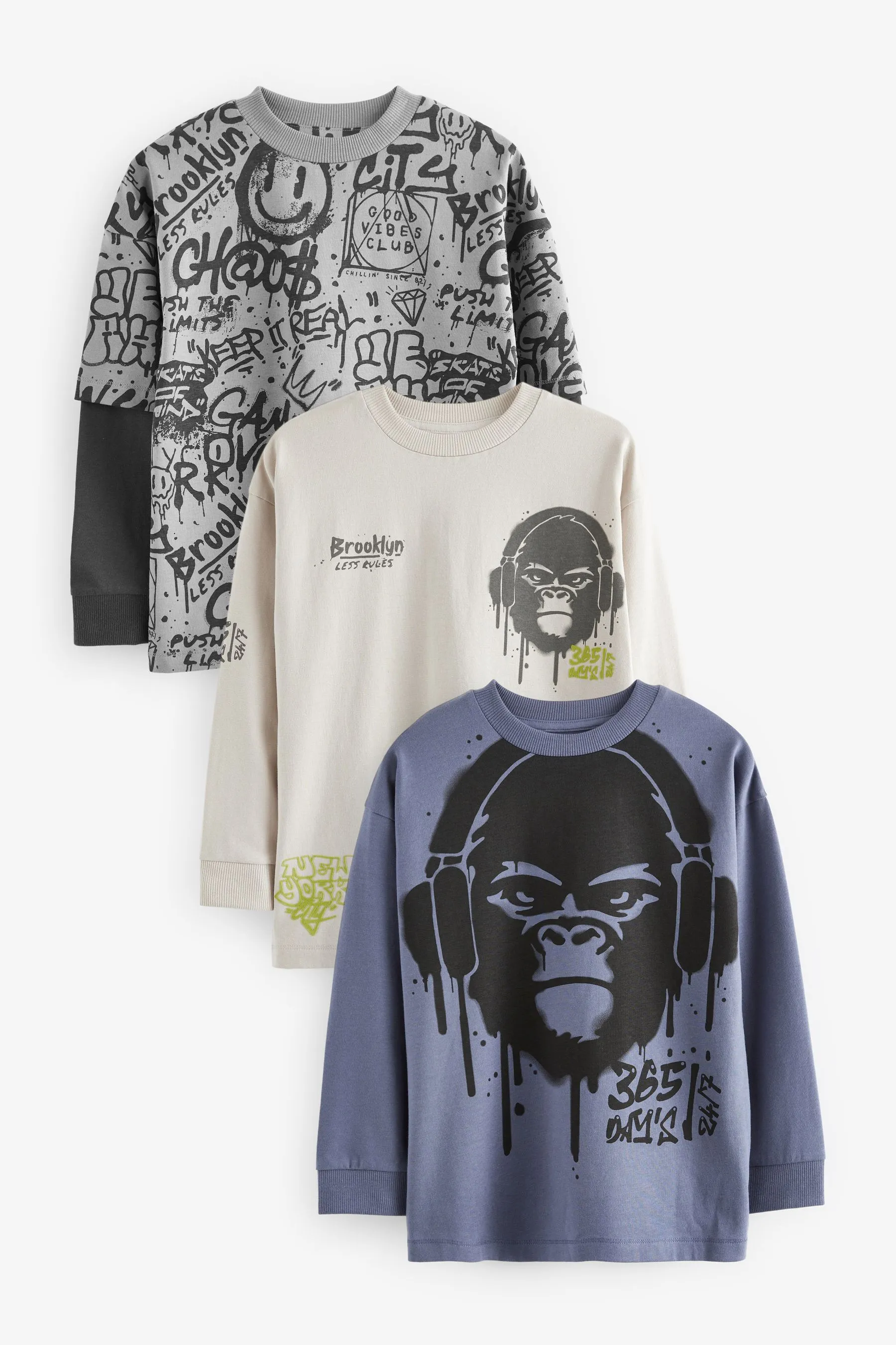 BLUE/GREY/STONE GORILLA  PACK DE 3 CAMISETAS DE MANGA LARGA GRáFICAS 100% ALGODóN (316 AñOS)