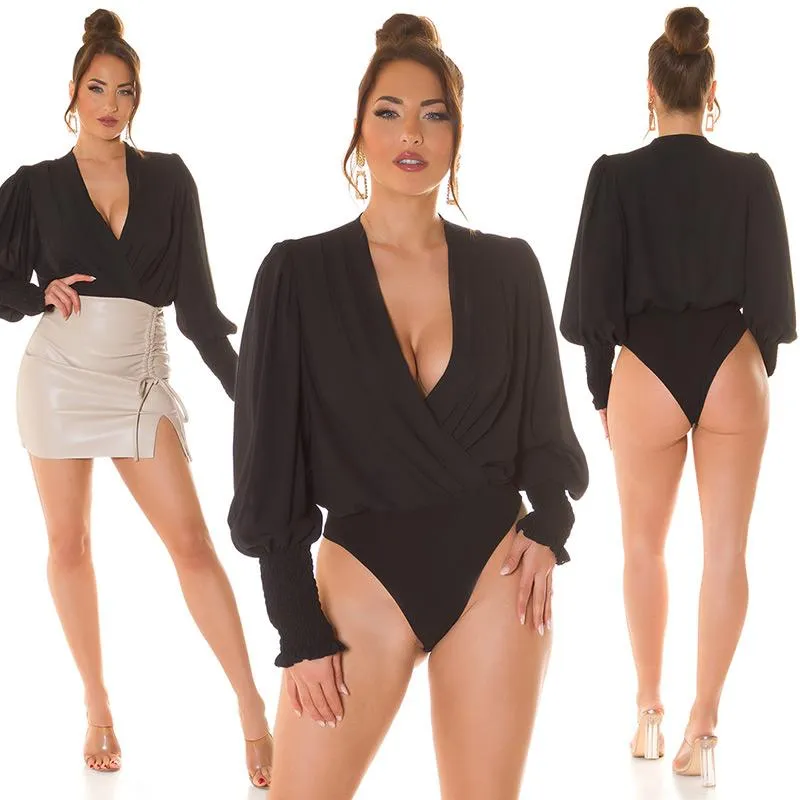 Body negro con manga larga y cuello V 