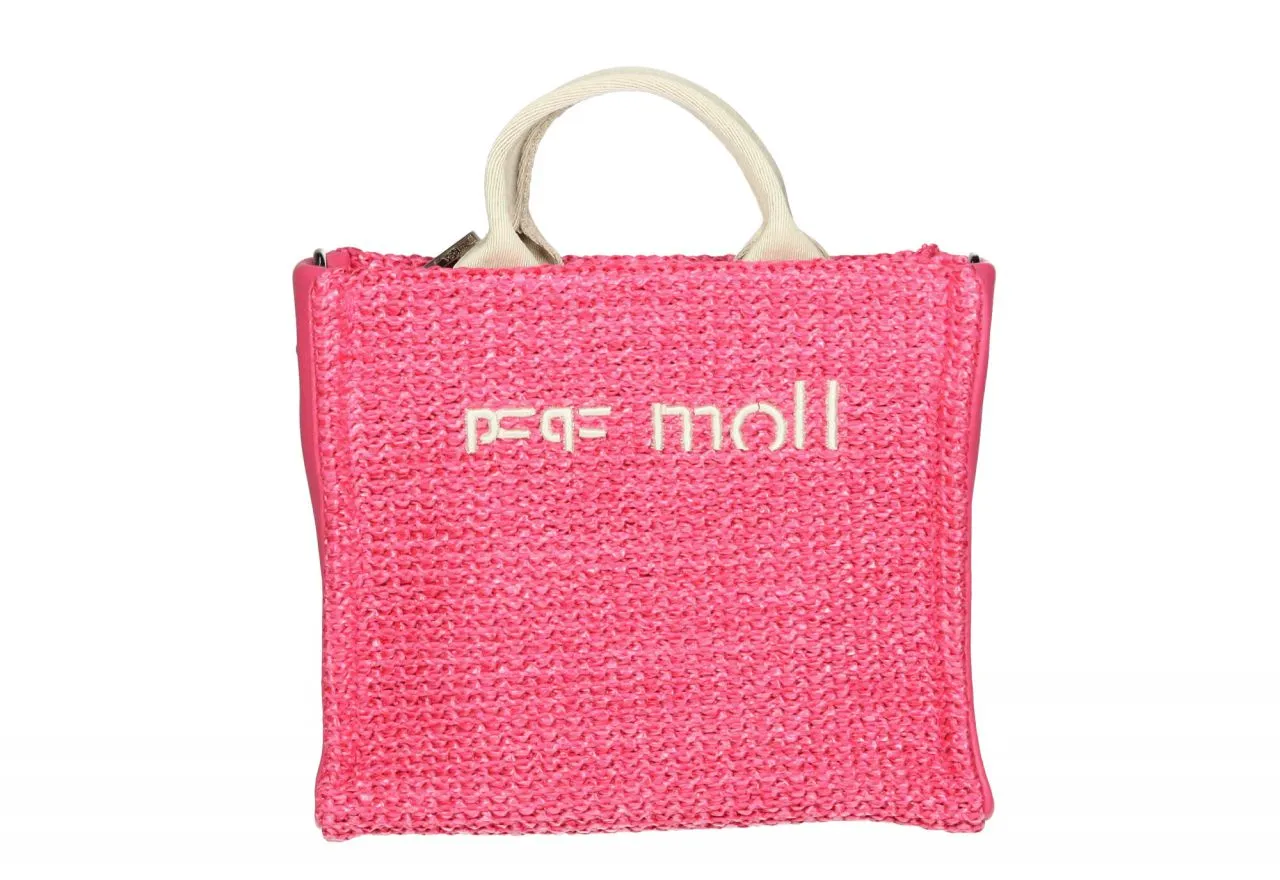 Bolsito Mano Trenzado Fuxia Bordado Logo y Asas Beige