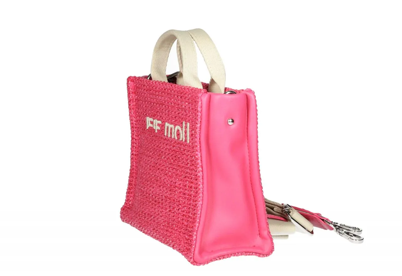 Bolsito Mano Trenzado Fuxia Bordado Logo y Asas Beige