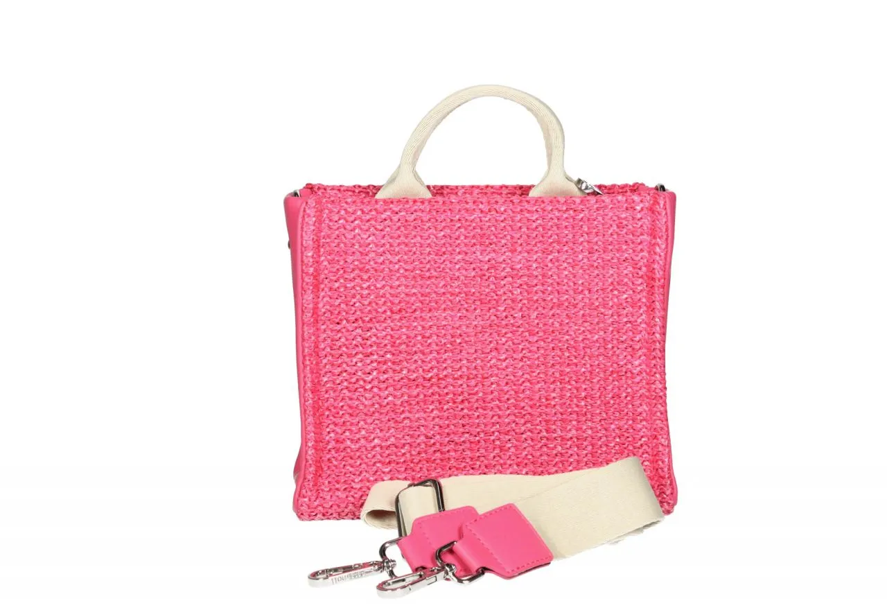 Bolsito Mano Trenzado Fuxia Bordado Logo y Asas Beige
