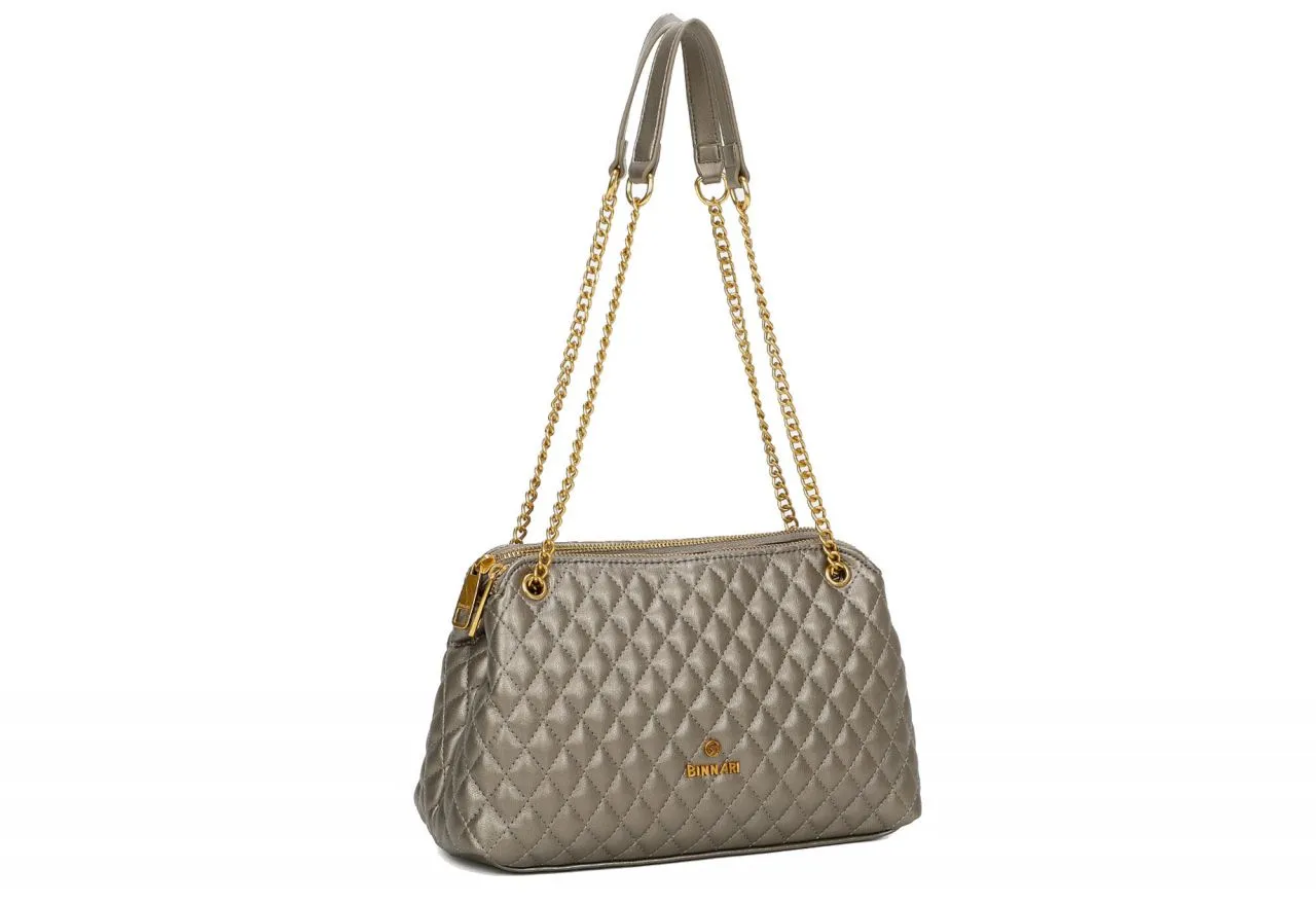 Bolso Acero Enguatado Rombos Asas Cadena Oro