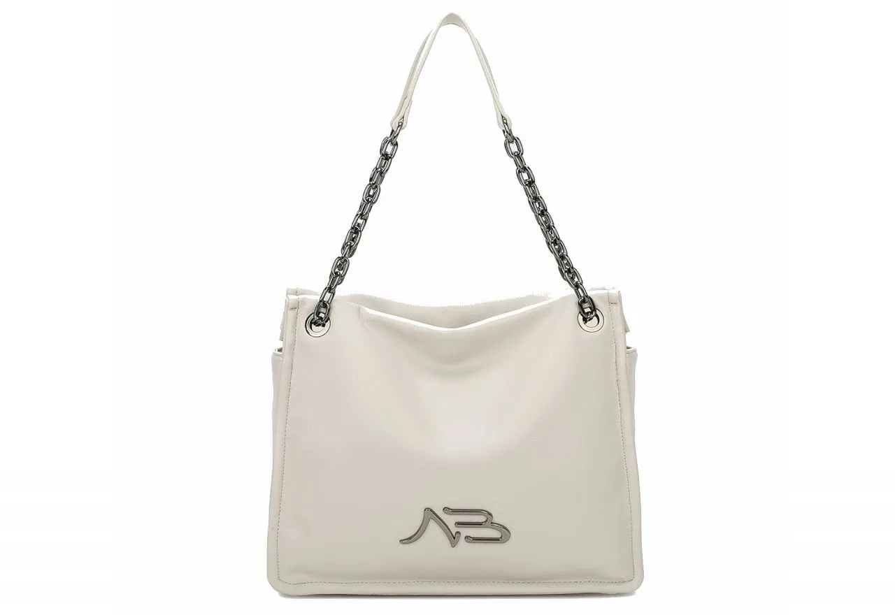 Bolso Beige Liso Logo Metal Asas Cadena Eslabones