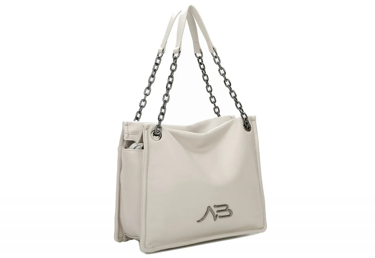 Bolso Beige Liso Logo Metal Asas Cadena Eslabones