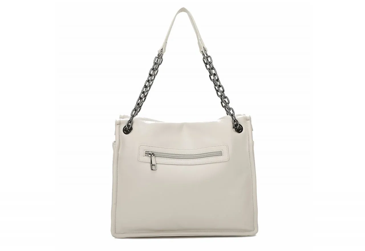 Bolso Beige Liso Logo Metal Asas Cadena Eslabones