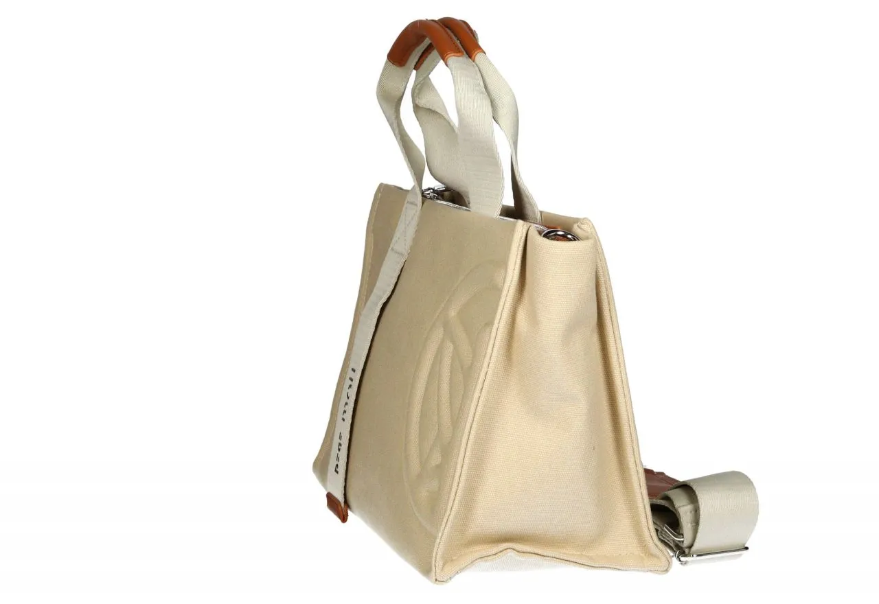 Bolso Canvas Natural Asas Beige Logo Frontal Detalles Cuero