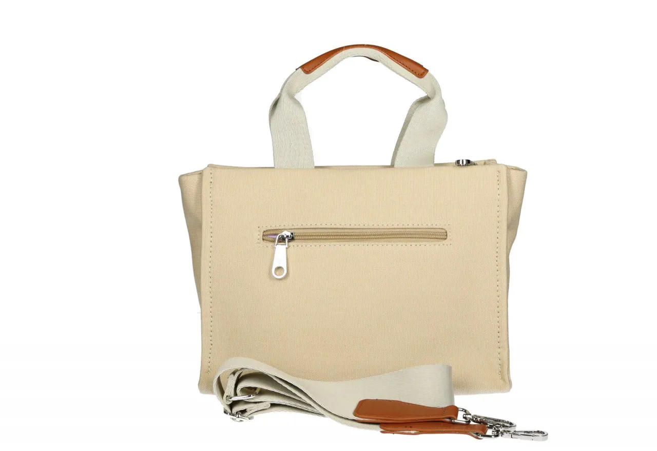 Bolso Canvas Natural Asas Beige Logo Frontal Detalles Cuero