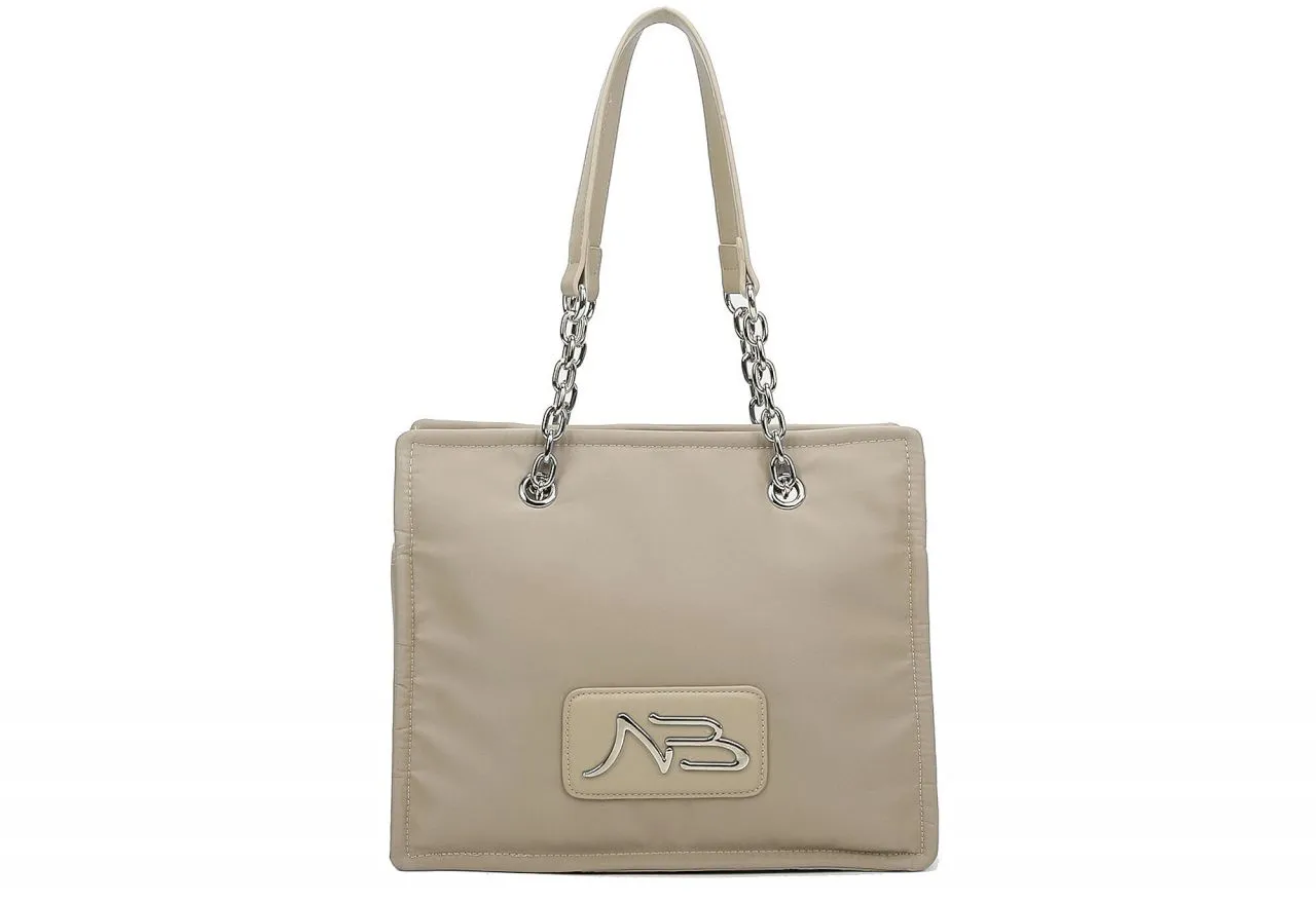 Bolso Colgar Nilon Taupe Logo Metal 2 Asas Cadena Eslabones