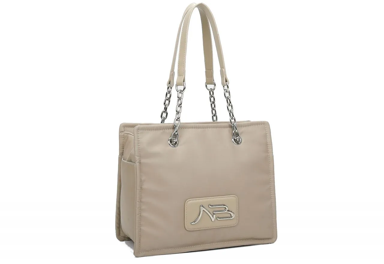 Bolso Colgar Nilon Taupe Logo Metal 2 Asas Cadena Eslabones