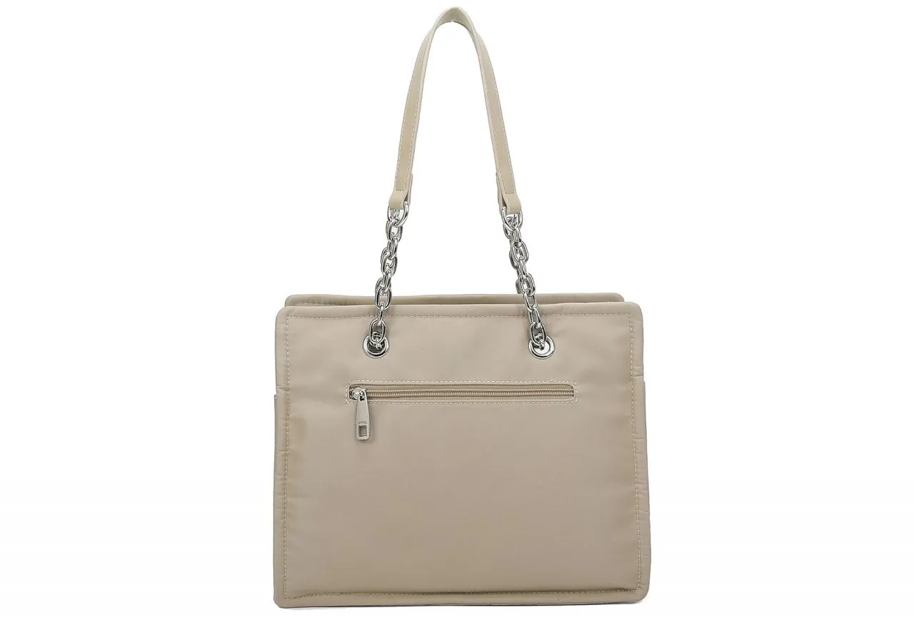 Bolso Colgar Nilon Taupe Logo Metal 2 Asas Cadena Eslabones