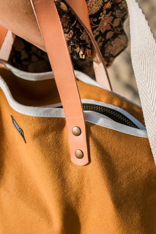 BOLSO DE LONETA DE ALGODóN CON ASAS DE PIEL  MOSTAZA COCOTTE