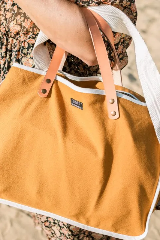 BOLSO DE LONETA DE ALGODóN CON ASAS DE PIEL  MOSTAZA COCOTTE