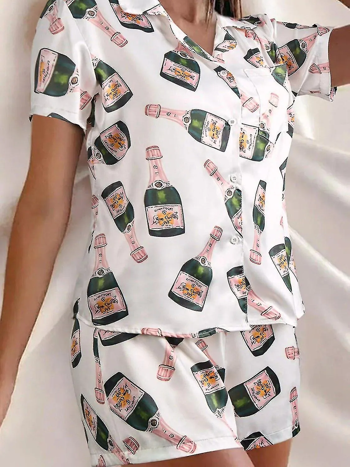 Botellas de champán Botón Conjunto de pijama para mujer estampado de manga corta 2 piezas Ropa de dormir casual suave y suelta T