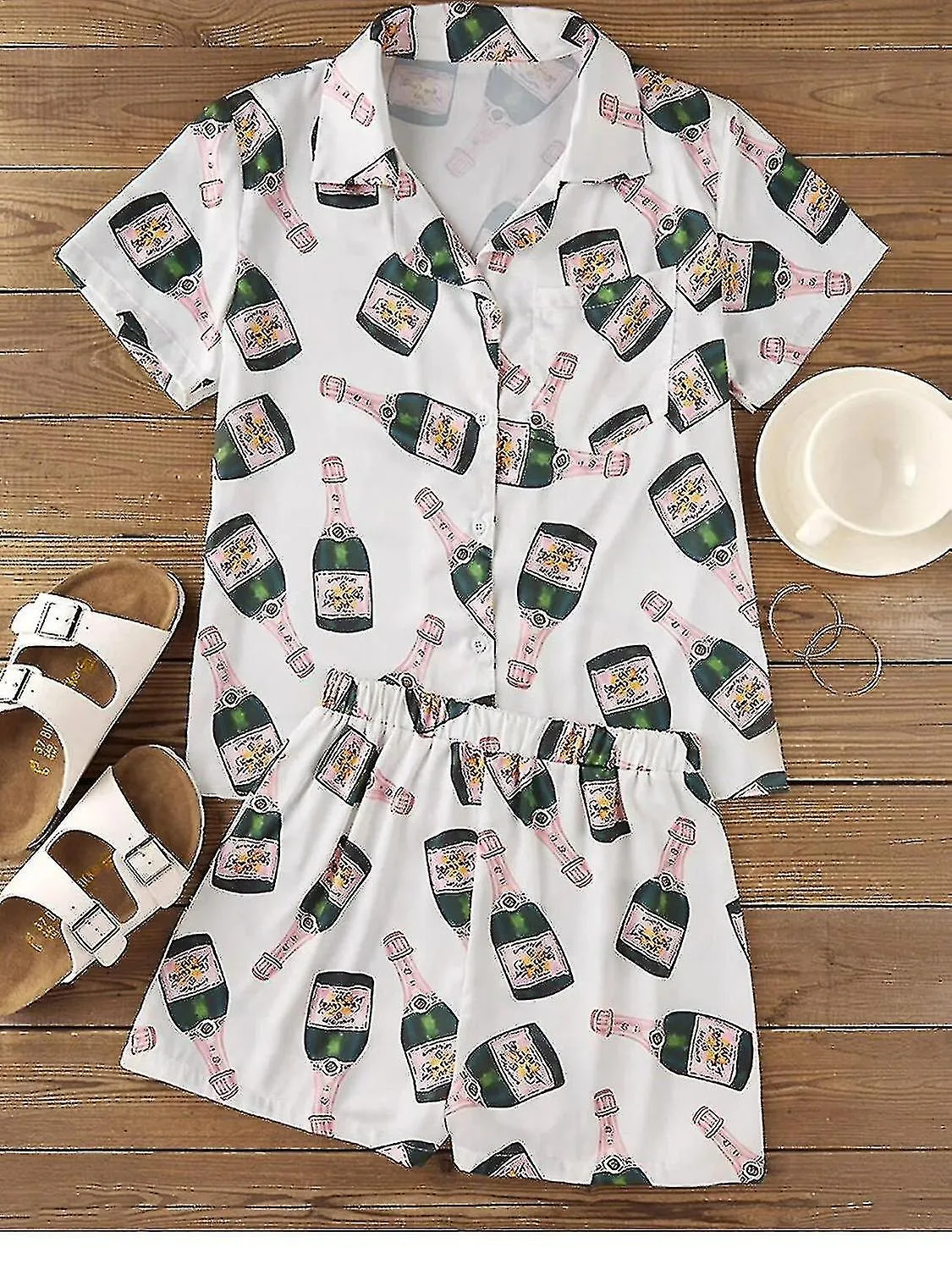 Botellas de champán Botón Conjunto de pijama para mujer estampado de manga corta 2 piezas Ropa de dormir casual suave y suelta T