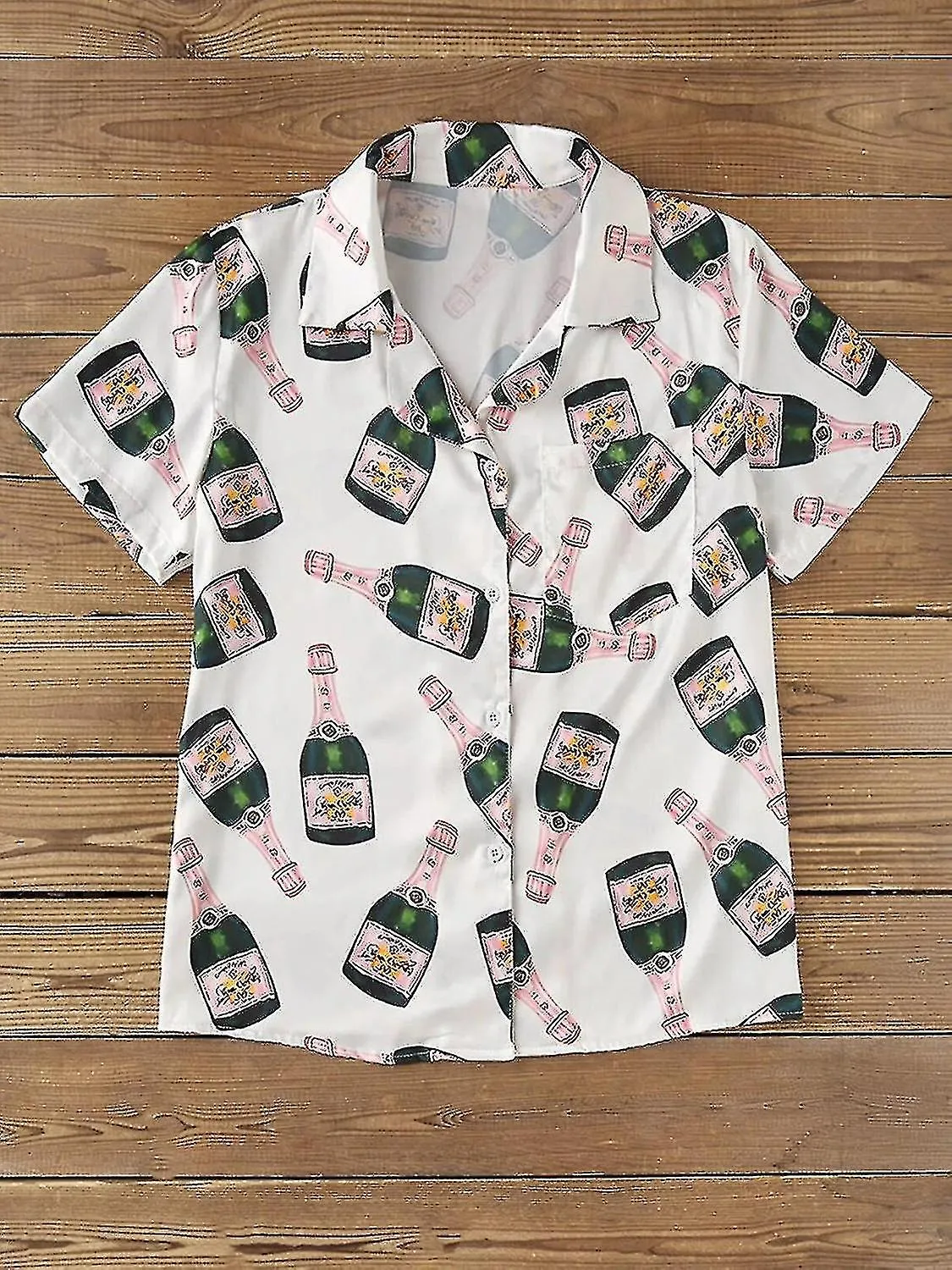 Botellas de champán Botón Conjunto de pijama para mujer estampado de manga corta 2 piezas Ropa de dormir casual suave y suelta T