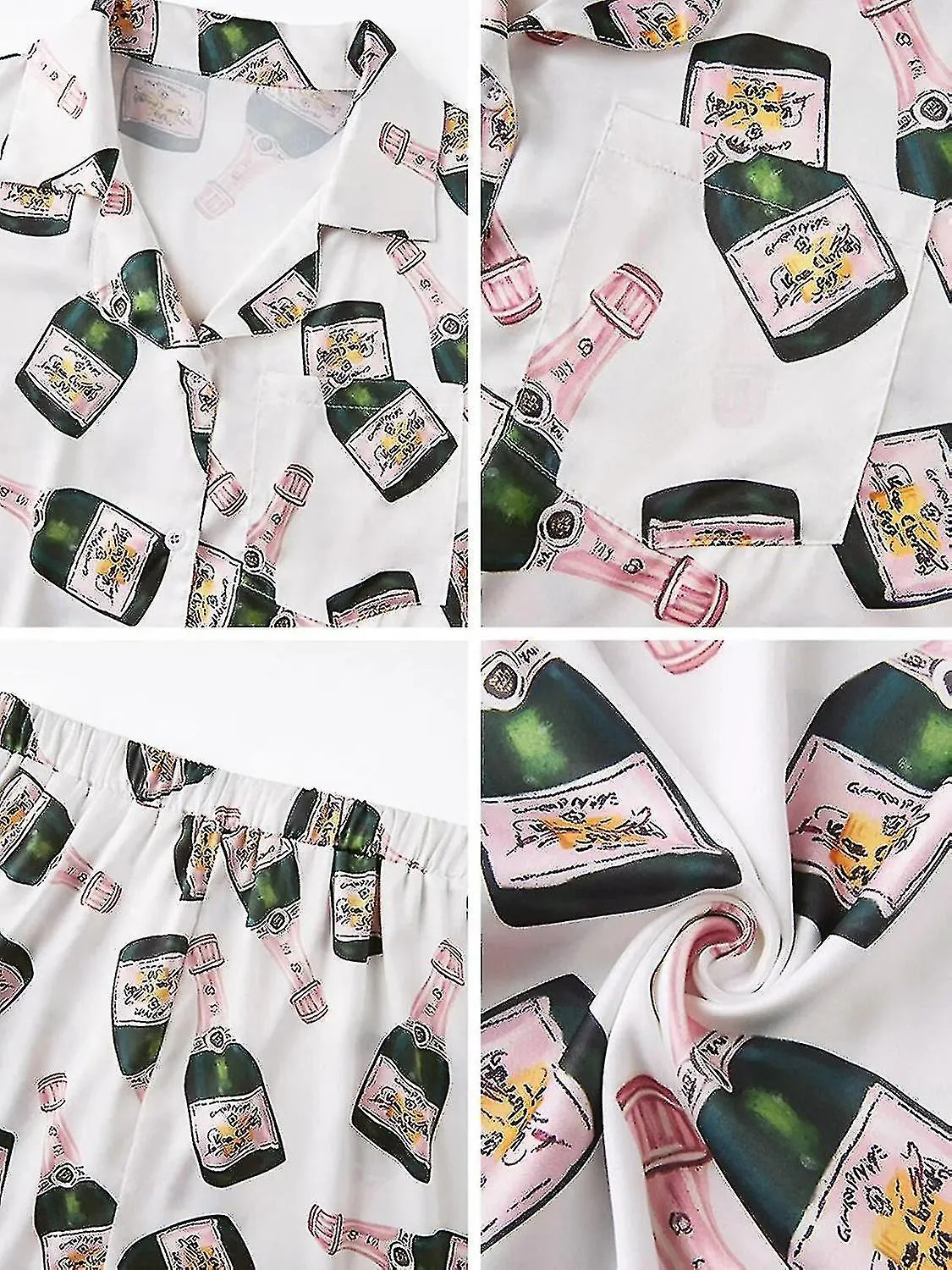 Botellas de champán Botón Conjunto de pijama para mujer estampado de manga corta 2 piezas Ropa de dormir casual suave y suelta T