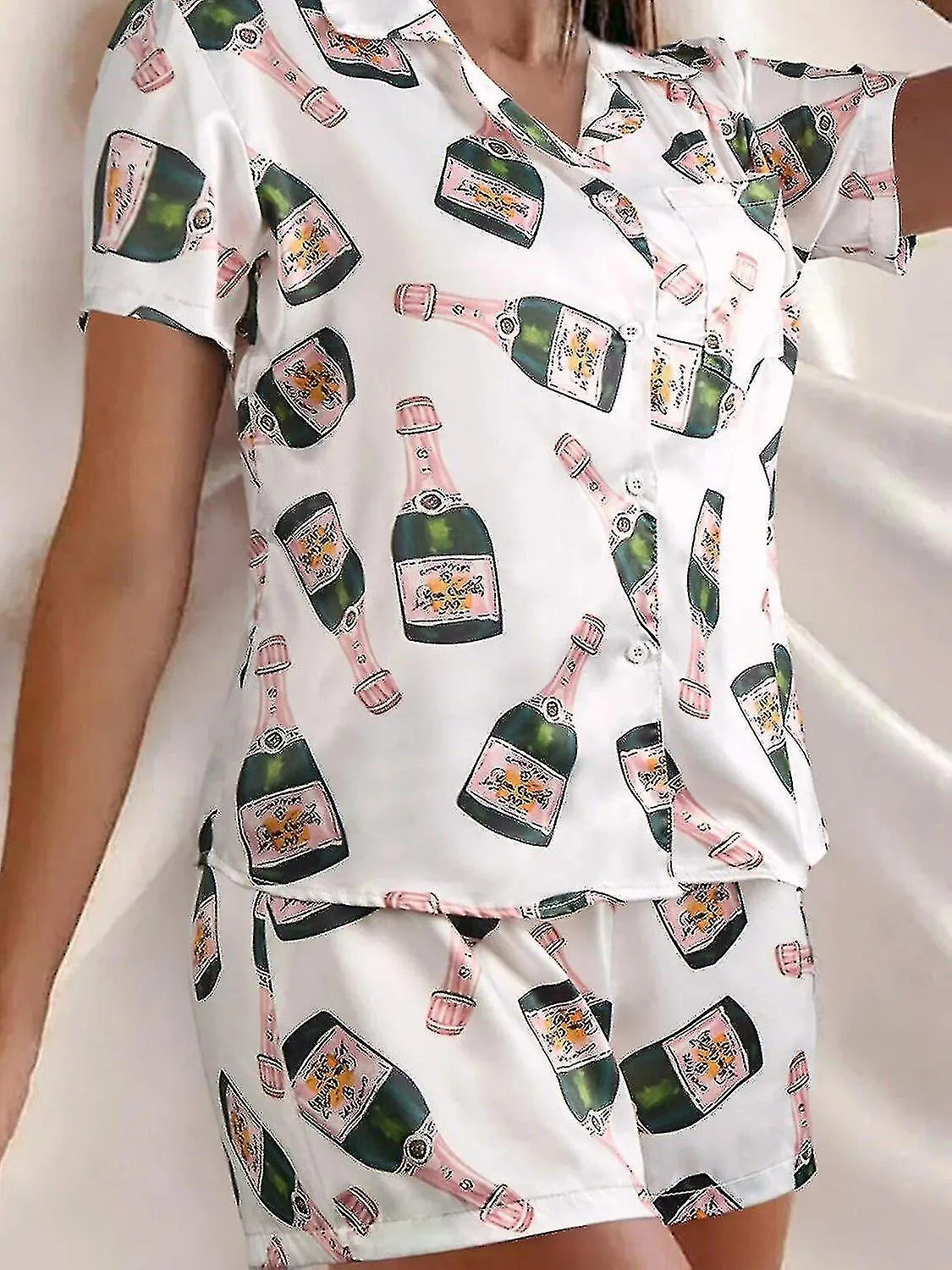 BOTELLAS DE CHAMPáN CONJUNTO DE PIJAMA DE BOTóN PARA MUJER ESTAMPADO DE MANGA CORTA 2 PIEZAS ROPA DE DORMIR CASUAL SUELTA SUAVE