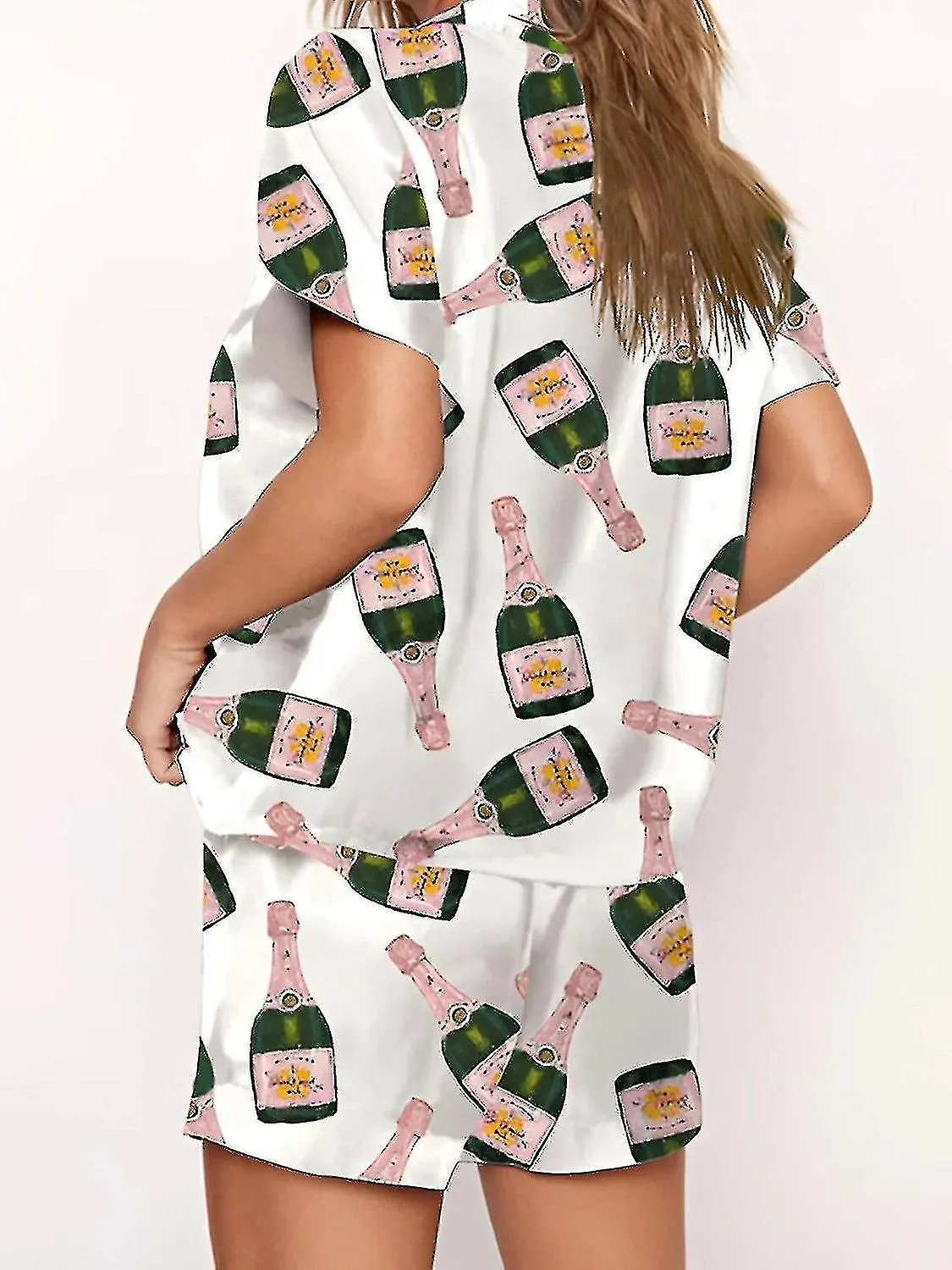 BOTELLAS DE CHAMPáN CONJUNTO DE PIJAMA DE BOTóN PARA MUJER ESTAMPADO DE MANGA CORTA 2 PIEZAS ROPA DE DORMIR CASUAL SUELTA SUAVE
