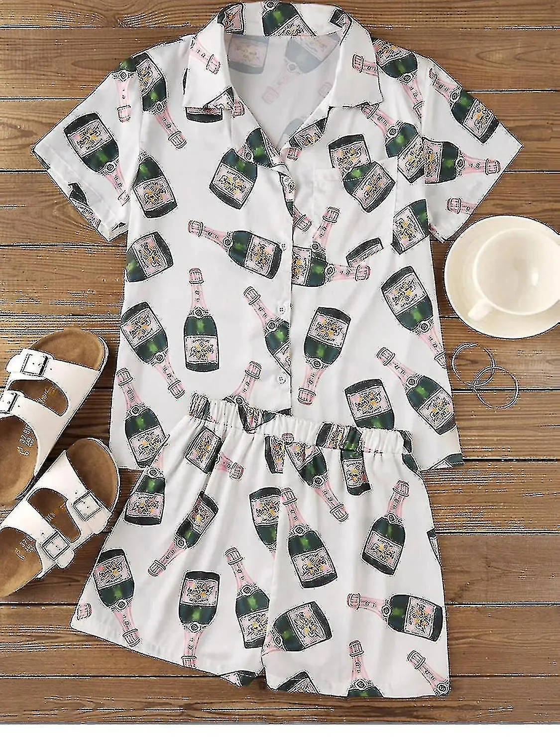 BOTELLAS DE CHAMPáN CONJUNTO DE PIJAMA DE BOTóN PARA MUJER ESTAMPADO DE MANGA CORTA 2 PIEZAS ROPA DE DORMIR CASUAL SUELTA SUAVE
