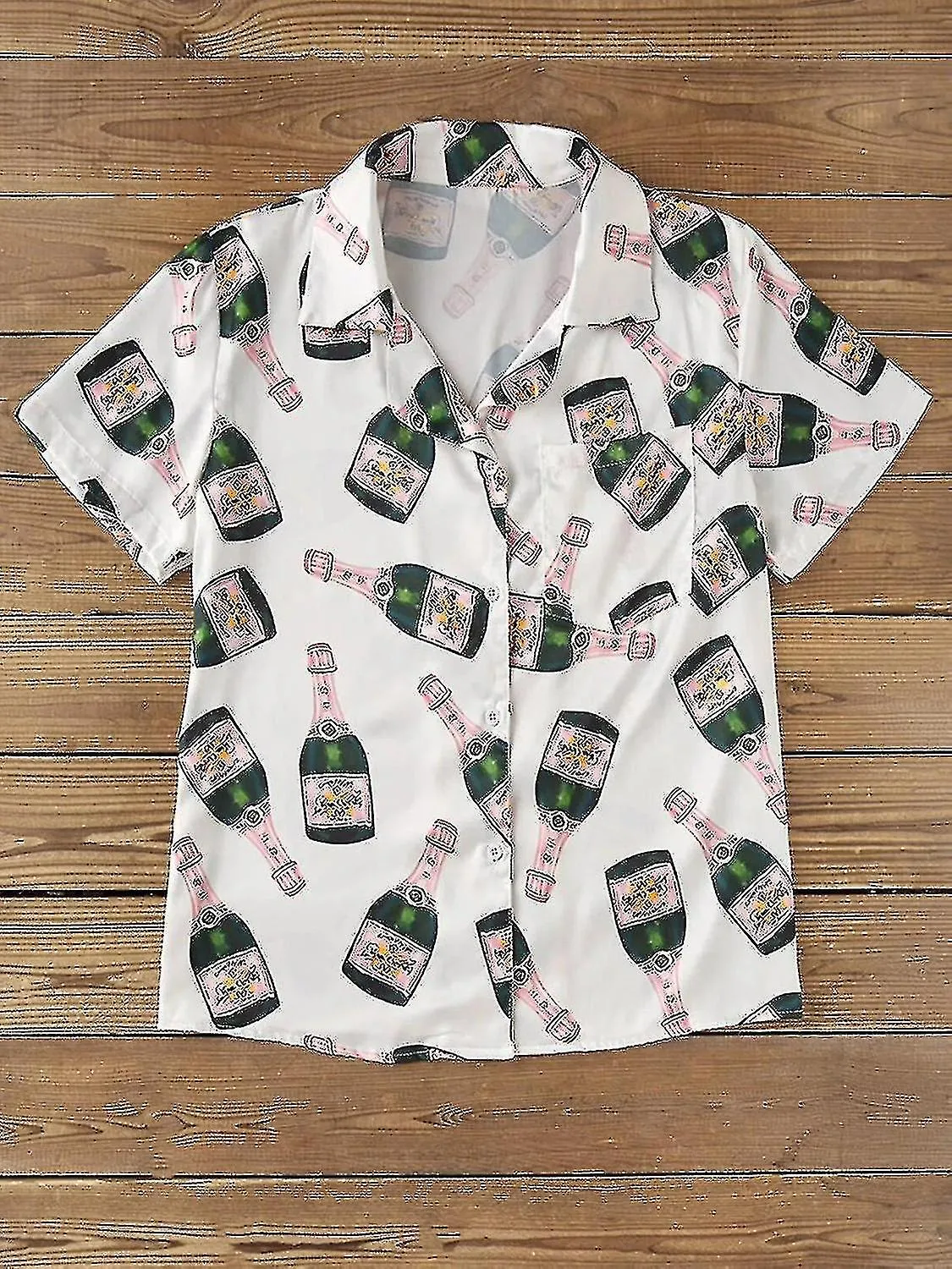 BOTELLAS DE CHAMPáN CONJUNTO DE PIJAMA DE BOTóN PARA MUJER ESTAMPADO DE MANGA CORTA 2 PIEZAS ROPA DE DORMIR CASUAL SUELTA SUAVE