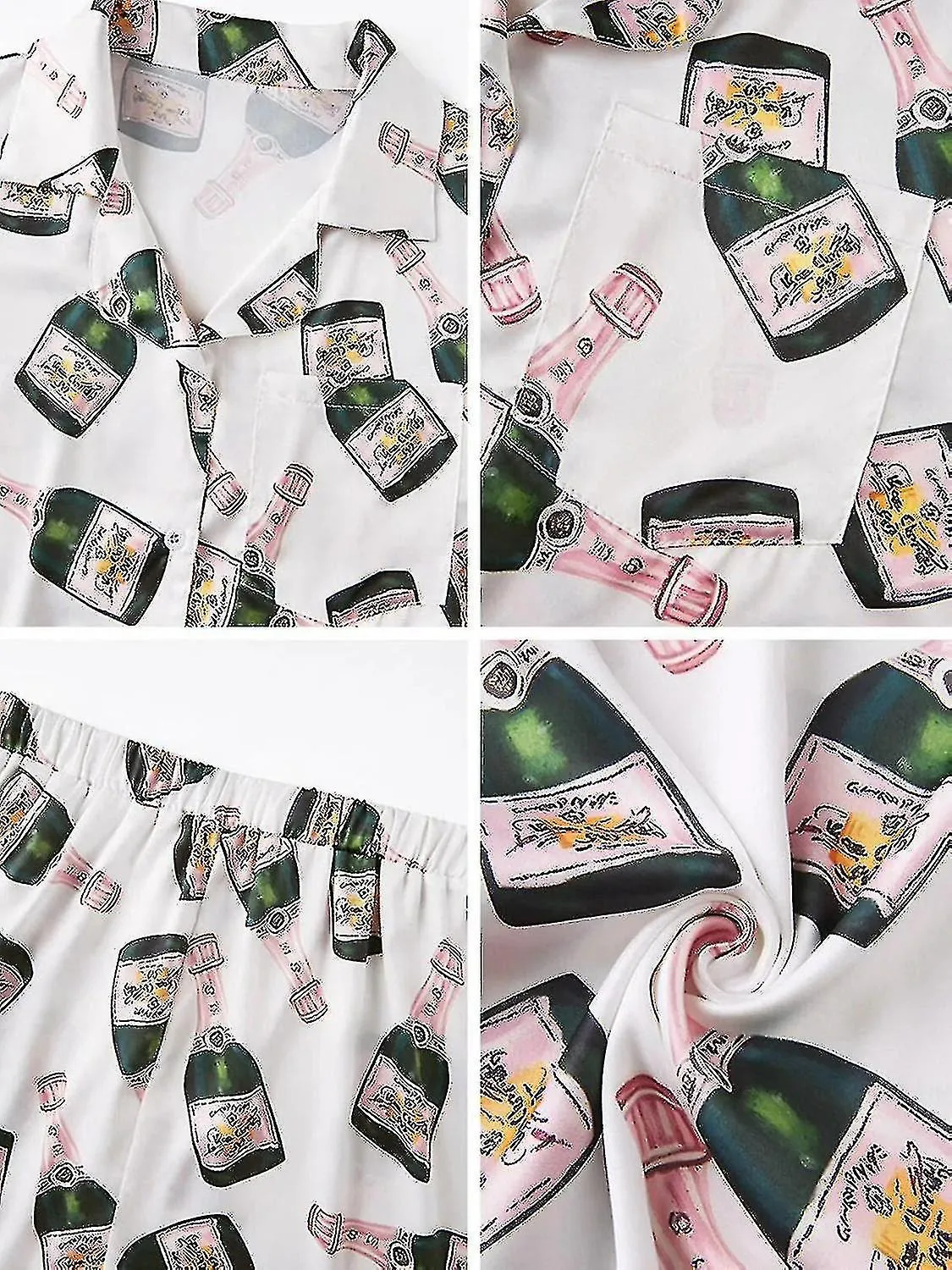 BOTELLAS DE CHAMPáN CONJUNTO DE PIJAMA DE BOTóN PARA MUJER ESTAMPADO DE MANGA CORTA 2 PIEZAS ROPA DE DORMIR CASUAL SUELTA SUAVE