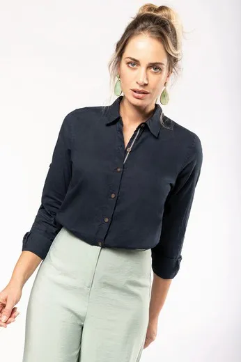 Camisa de lino y algodón de manga larga para mujer