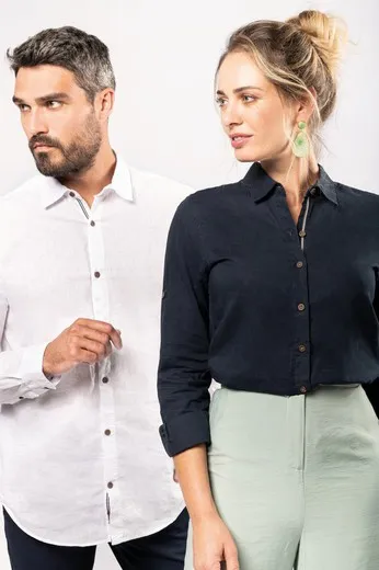Camisa de lino y algodón de manga larga para mujer