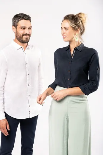 Camisa de lino y algodón de manga larga para mujer