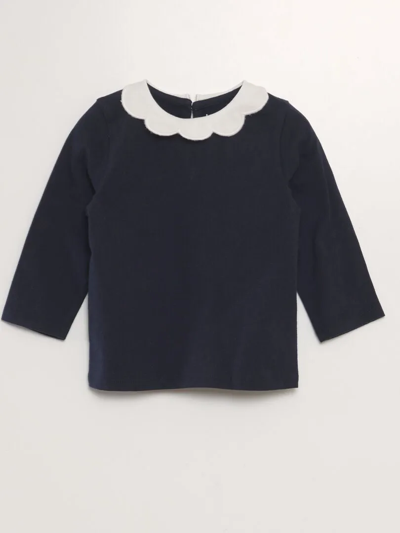CAMISETA DE MANGA LARGA CON CUELLO FESTONEADO  AZUL
