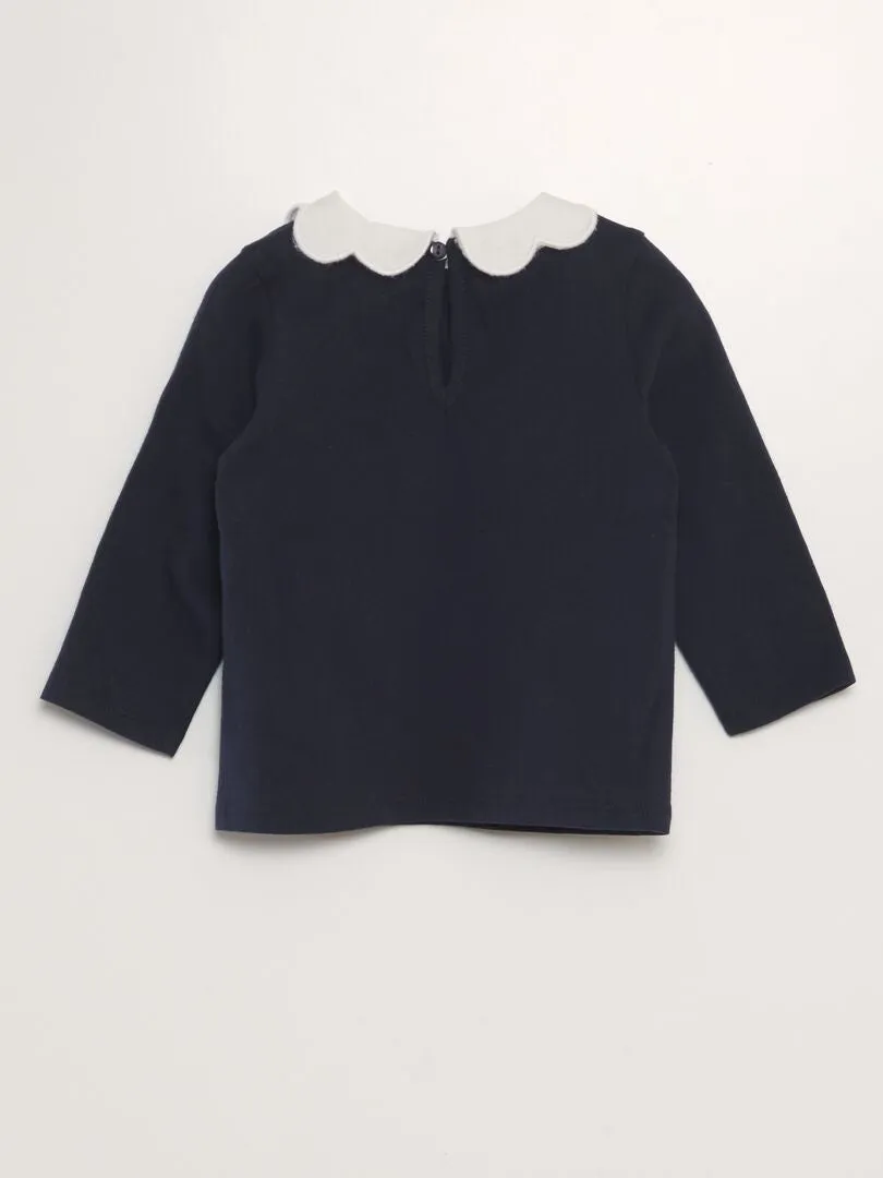 CAMISETA DE MANGA LARGA CON CUELLO FESTONEADO  AZUL