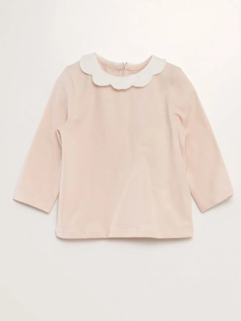 CAMISETA DE MANGA LARGA CON CUELLO FESTONEADO  ROSA