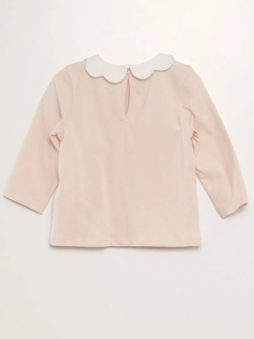 CAMISETA DE MANGA LARGA CON CUELLO FESTONEADO  ROSA