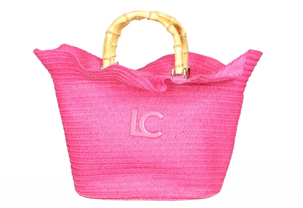 Cesta Rafia Fuxia Volante Lc Metal Asas Madera