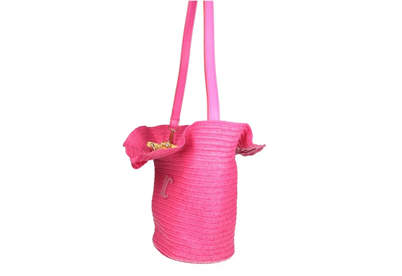 Cesta Rafia Fuxia Volante Lc Metal Asas Madera
